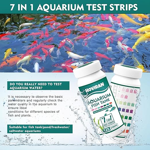 7 Way Aquarium Test Strips, 125 Count Fish Tank Test Strips for Freshwater Saltwater Pond, Water Testing Kit Aquarium for Chlorine, Total Hardness, Carbonate, Alkalinity, Nitrate, Nitrite and pH-PurrikoPets