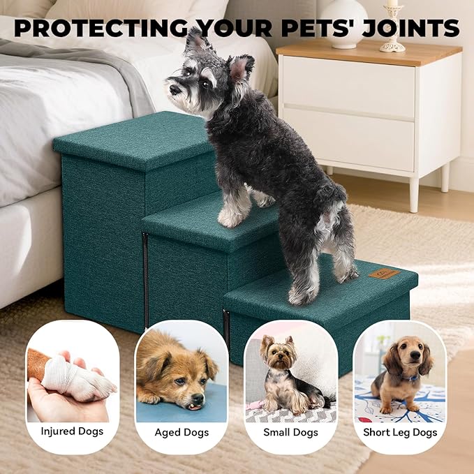 Dog Stairs with Storage 18" H, 3-Step Wider Dog Steps for Small/Medium/Large Old Dogs Cats, Folding Sturdy Pet Stairs for Climbing Bed Couch, Ramp for Car Hold Up to 200 lbs, Dark Green-PurrikoPets