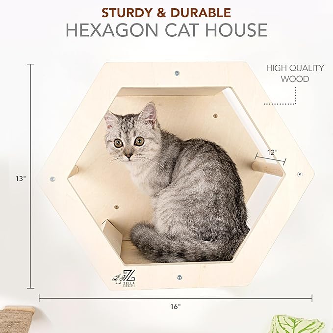 3-Piece Cat Wall Furniture Set - Hammock, Hexagon House, Climbing Steps - Wall Mounted Shelves, Perches, and Beds - Modern Design for Large Cats and Kittens & Spare Hammock Fabric Included-PurrikoPets