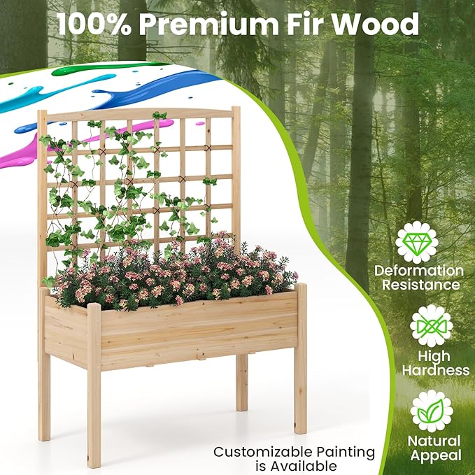 Giantex Raised Garden Bed with Trellis, Wooden Elevated Planter Box with Legs, Drainage Holes for Climbing Plants Vines Vegetables Flowers Herbs, Outdoor Horticulture Planter for Patio Yard (Natural)-PurrikoPets