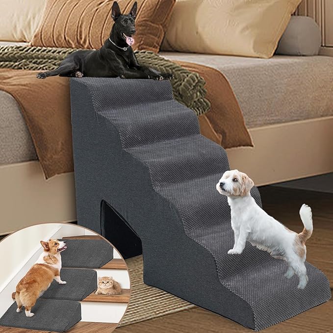 Dog Stairs & Steps Ramps for High Beds 30 inches High Tall, LitaiL 6 Step Pet Stairs Steps for Small Large Dogs, Non-Slip Dog Ramps with 3 Pack Ramps for Staircase-PurrikoPets