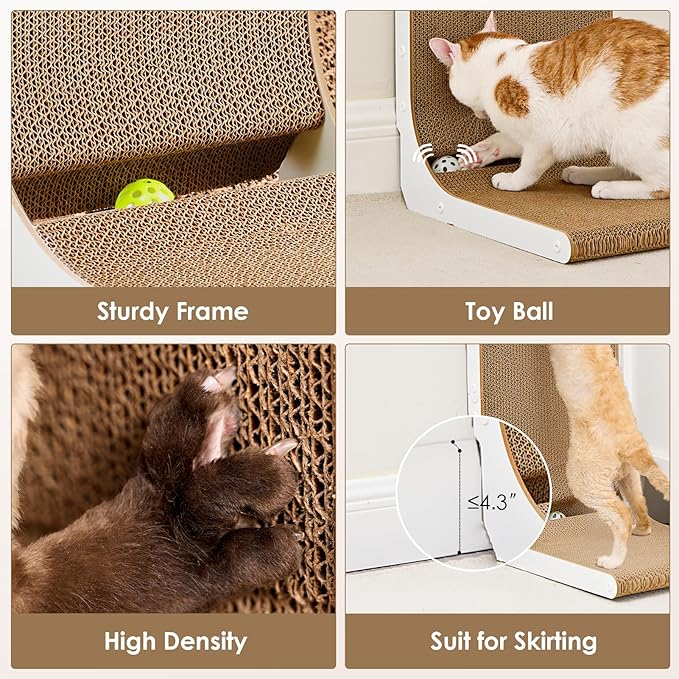 EHEYCIGA Cardboard Cat Scratcher for Indoor Kitten Cats, 19 Inch L Shaped Vertical Cat Scratching Board with Ball Cat Toy, Small Cat Scratcher Pad, White-PurrikoPets