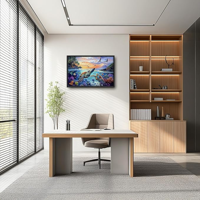 Framed Large Sea Turtle Wall Art for Living Room, Oversized Ocean Turtle Wall Decor Seascape Underwater Marine Life Canvas Painting Home Decoration for Living Room Bedroom Office 36"x24"-PurrikoPets