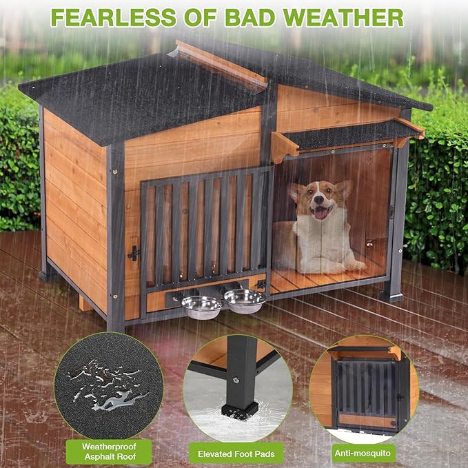 Dog House Outdoor with Bowls Weatherproof Dog Kennel with Anti-Chewing Iron Frame Dog Shelter for Small Medium Dogs-PurrikoPets