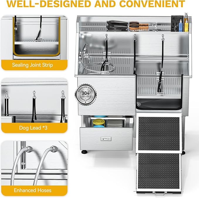 DWVO Professional Dog Bathing Station Stainless Steel 304 Dog Bathtub 50in for Grooming w/Left Door Ramp, 2 Storage Drawers, Faucet, Grate, Pet Washing Station for Large, Medium, Small Pets-PurrikoPets
