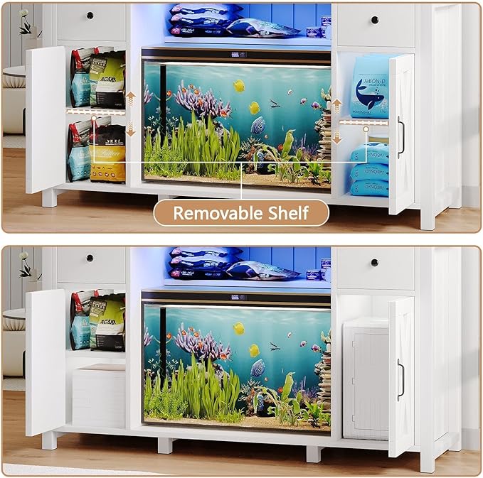 75 Gallon Fish Tank Stand with LED Light & Power Outlets, 55-75 Gallon Aquarium Stand with 2 Drawers & 2 Barn Doors, 52" L x 20" W Cabinet for 2 Fish Tank Accessories Storage, Turtle Tank, White-PurrikoPets