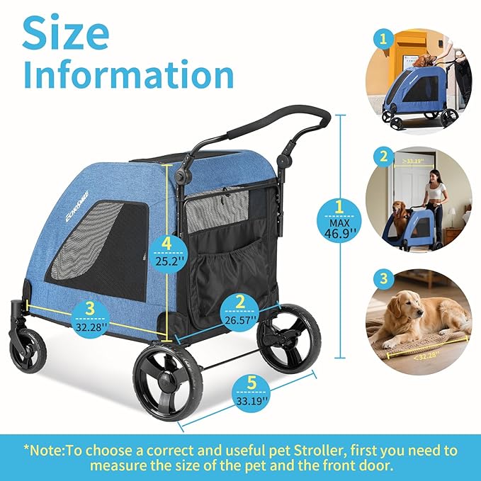 EchoSmile Heavy-Duty Large Dog Stroller with Shock-Absorbing Wheels, Foldable Pet Travel Carrier for Medium & Large Dogs, 5 Mesh Windows, 160 lbs Capacity, Easy Assembly & Storage-PurrikoPets