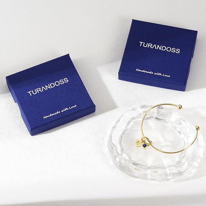 Turandoss Valentines Day Gifts for Women Girls, Dainty 14K Gold Plated 12 Months Disc Initial A-Z Birthstone Heart Knot Bangle Bracelet Birthday Bridesmaid Valentines Jewelry Gifts for Teen Girls