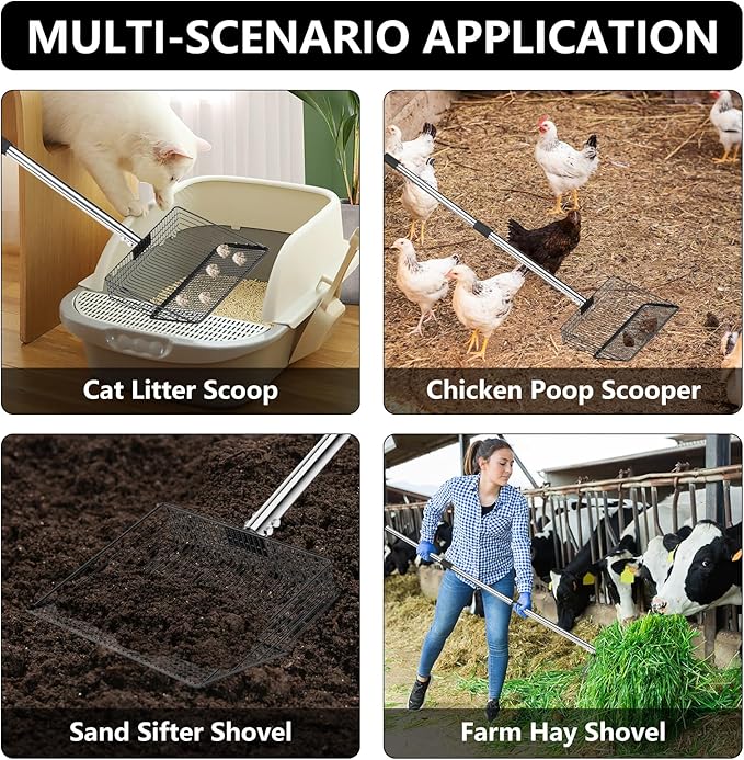 10 Inch Chicken Poop Scooper, Large Metal Chicken Coop Scoop, Chicken Litter Sifting Shovel, Chicken Coop Rake with Retractable Stainless Steel Handle, Chicken Coop Cleaning Tools Accessories-PurrikoPets