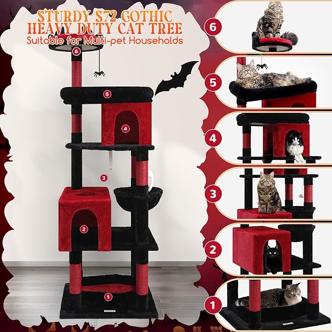 Globlazer Heavy Duty Gothic Cat Tree, 72in Large Cat Tower with Coffin Bed, Sturdy Maine Coon Cat Tree for Large Cats 20 lbs+, Medieval Castle Style with 6 Scratching Posts & Hammock, S72, Black & Red-PurrikoPets