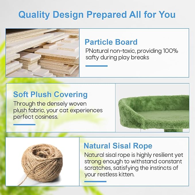 FDW Cat Tree 70in Cat Tower Multi-Level Durable Cat Scratching Post & Cozy Fun Cat Jumping Platform Space Saving Cat Condo Pet Play House for Indoor Cats,Green-PurrikoPets