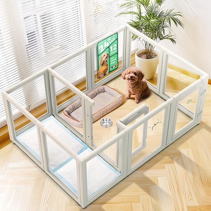 FXW AuraSpace Acrylic Indoor Unleashed Dog Playpen for Puppies and Small Dogs, 24 Inch, 12 Panels, White-PurrikoPets