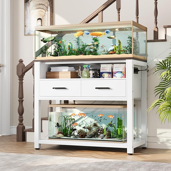 40-49 Gallon Fish Tank Stand with Two Storage Drawers, Heavy Duty Aquarium Stand with Waterproof Mat, Sturdy Metal Frame, 800 LBS Capacity Storage Cabinet, White-PurrikoPets