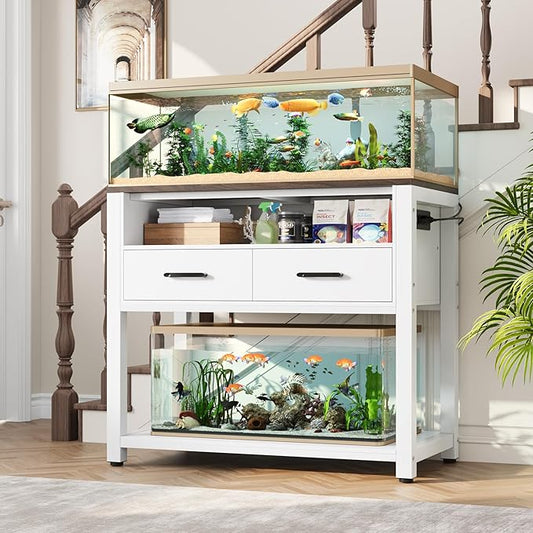 40-49 Gallon Fish Tank Stand with Two Storage Drawers, Heavy Duty Aquarium Stand with Waterproof Mat, Sturdy Metal Frame, 800 LBS Capacity Storage Cabinet, White-PurrikoPets