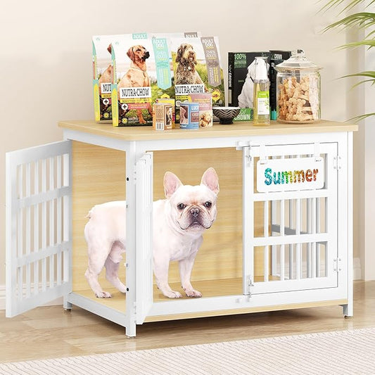 EasyCom 33" Dog Crate Furniture with Name Tag, Heavy Duty Dog Kennel Indoor for Medium and Small Dogs, Double-Doors Sturdy Metal Dog Cage, Decorate House as TV Stand, End Table, Bedside Table-PurrikoPets
