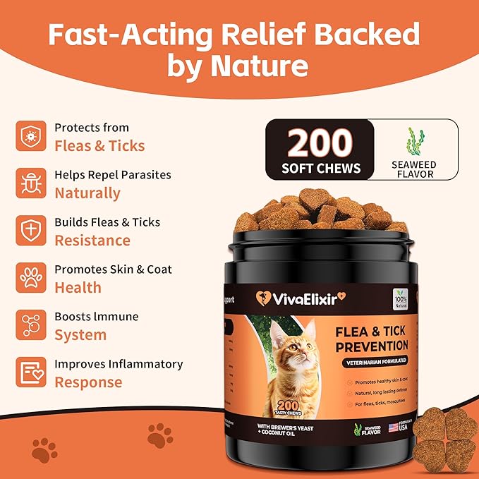 Flea & Tick Treatment for Cats – Natural Flea, Tick & Mosquito Prevention with Brewer’s Yeast, Coconut Oil – Skin & Coat Health, Immune Support – Vet Formulated 200 Chews-PurrikoPets