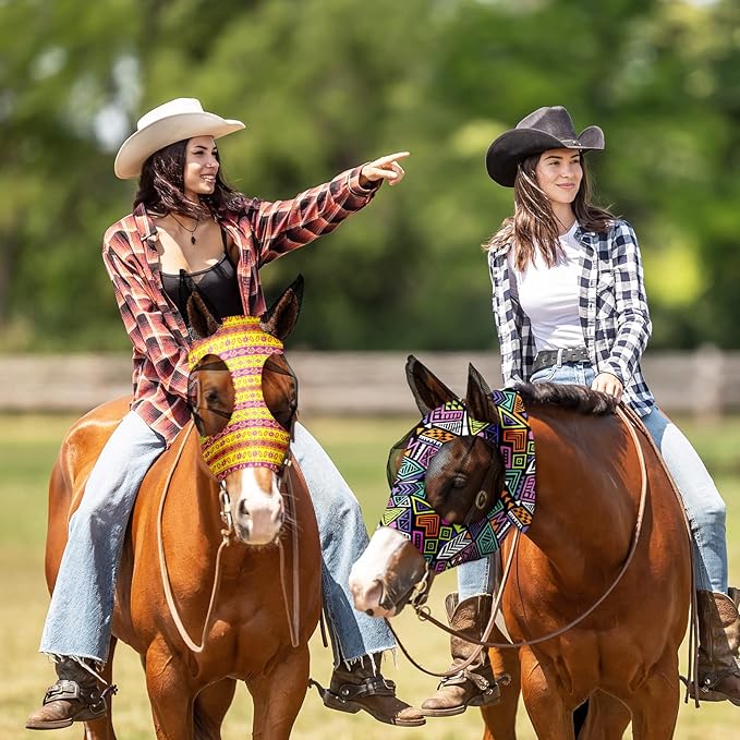 Frienda 4 Pieces Horse Fly Masks with Ears Face Covering UV Protection from Insect Pests Elasticity Smooth Comfortable Mesh Horse Mask Accessories(Geometric,Large)-PurrikoPets