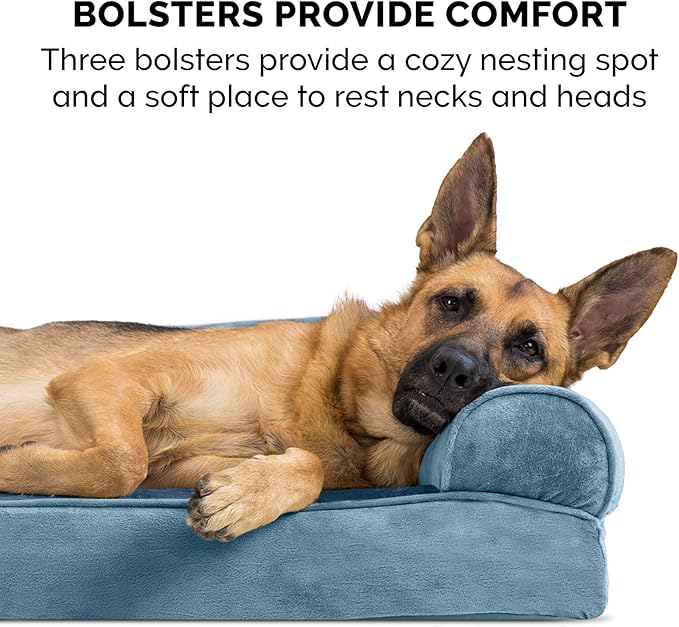 Furhaven Cooling Gel Dog Bed for Medium/Small Dogs w/ Removable Bolsters & Washable Cover, For Dogs Up to 35 lbs - Faux Fur & Velvet Sofa - Harbor Blue, Medium-PurrikoPets