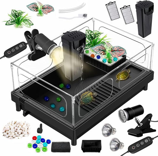 GOZILLA Small Turtle Tank Kit(Tank+Lamp+Filter), Acrylic Turtle Starter Kit with Adjustable Lamp, Reptile Habitat and Terrarium with Multi-Functional Areas for Small Reptiles. (Black Kit)-PurrikoPets