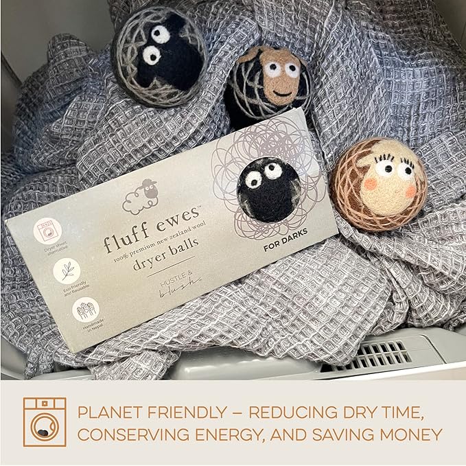 Fluff Ewes Wool Dryer Balls 3 Pack Premium New Zealand Wool Laundry Balls for Dryer, No Static Dryer Balls Laundry Reusable Cute - XL Wool Dryer Balls Cute, Baby Dryer Balls for Dryers - Darks-PurrikoPets