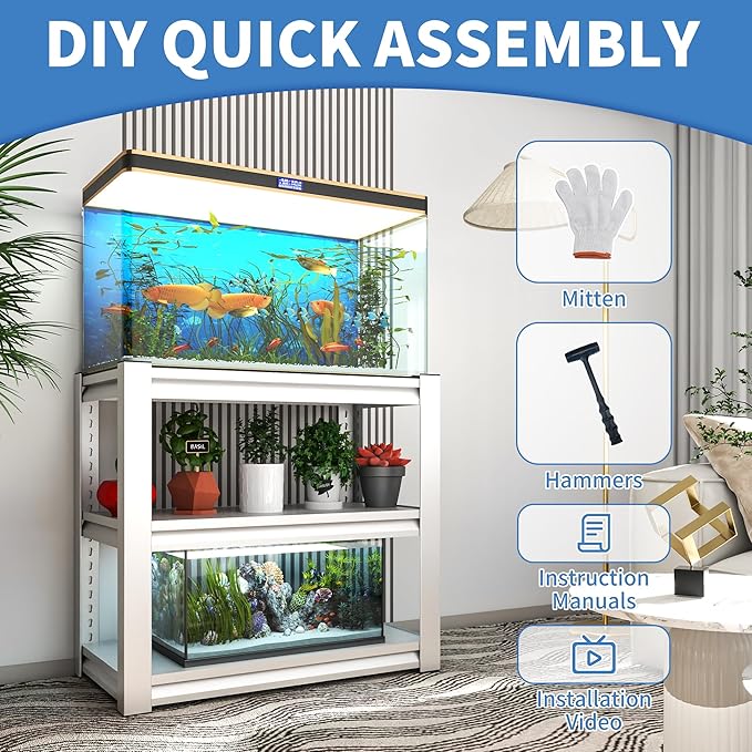 Fish Tank Stand White,3-tier Rack Shelf heavy duty Metal Frame Aquarium Stand 20 Gallon,Reptile Terrarium Stand for 30 Gallon Long Aquarium,Reptile Tank Stand,Breeder Tank Stand,31.5"*18"*34"-PurrikoPets