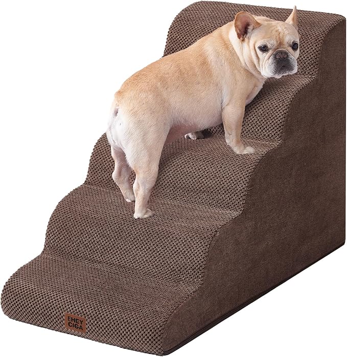EHEYCIGA Curved Dog Stairs Ramp for High Beds, 5-Step Extra Wide Dog Steps for Small Dogs and Cats, Pet Stairs for High Bed Climbing, Non-Slip Balanced Pet Step Indoor, Brown-PurrikoPets