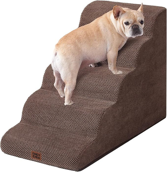 EHEYCIGA Curved Dog Stairs Ramp for High Beds, 5-Step Extra Wide Dog Steps for Small Dogs and Cats, Pet Stairs for High Bed Climbing, Non-Slip Balanced Pet Step Indoor, Brown-PurrikoPets