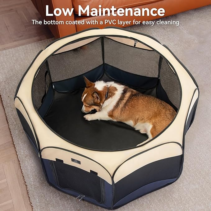 A 4 Pet Portable Dog Playpen, 49” Playpen for Dogs with Bowl, Suitable for Puppies, Kittens, and Small Animals, Removable Zipper & Mesh Panel(19”W × 12”H)-PurrikoPets