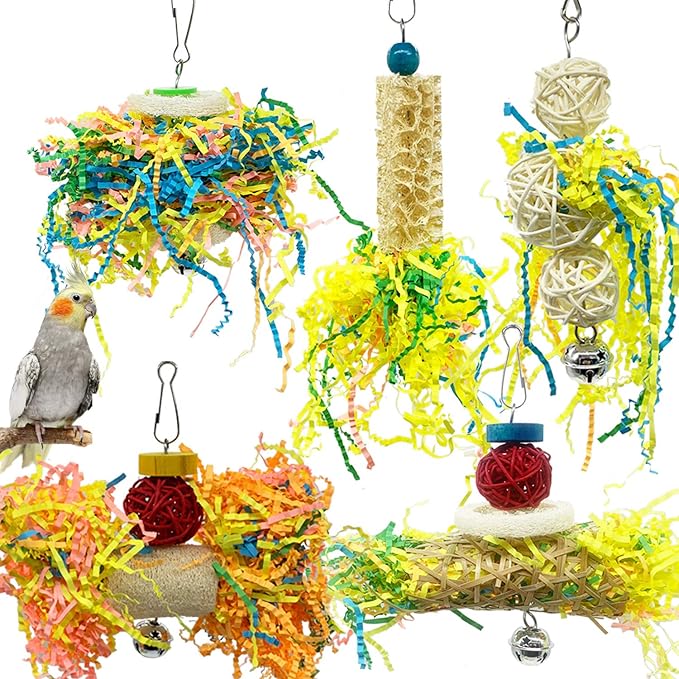 EBaokuup Bird Parrots Shredding Toys Parakeet Chewing Toys Bird Loofah Toys Parrot Cage Shredder Toys Bird Foraging Hanging Toys Bird Accessories for Parrots Lovebird Cockatiel Conure African Grey-PurrikoPets