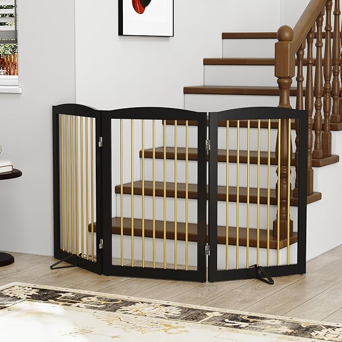 Freestanding Pet Gate for Dogs, Foldable Wooden Dog Gate for House Indoor, Step Over Pet Puppy Safety Fence for Stair, Doorway,Hall, Support Feet Included,3 Panels 32",Black&Gold-PurrikoPets