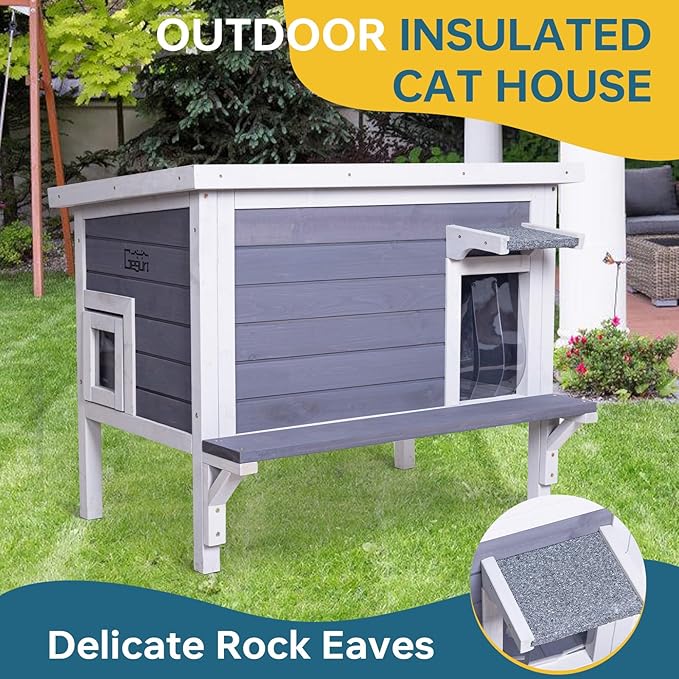 GEGURI Insulated Cat House Outdoor Weatherproof Feral Cat Shelter for Winter Large Wooden Enclosure with Escape Door-PurrikoPets