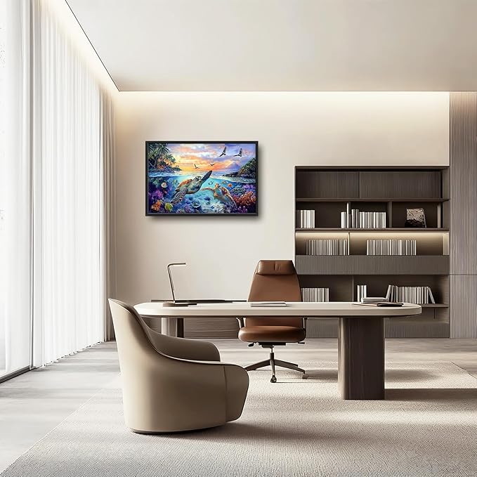 Framed Large Sea Turtle Wall Art for Living Room, Oversized Ocean Turtle Wall Decor Seascape Underwater Marine Life Canvas Painting Home Decoration for Living Room Bedroom Office 36"x24"-PurrikoPets