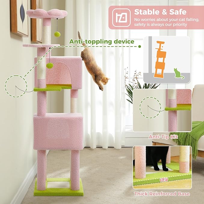 Flower Cat Tree, 62-Inch Large Cat Tower for Multi-Cat Households w/Scratching Posts, Multi-Level Cat Condo w/Cozy Top Perch & Scratching Pad, Padded Platform, 2 Pompoms, Pink-PurrikoPets