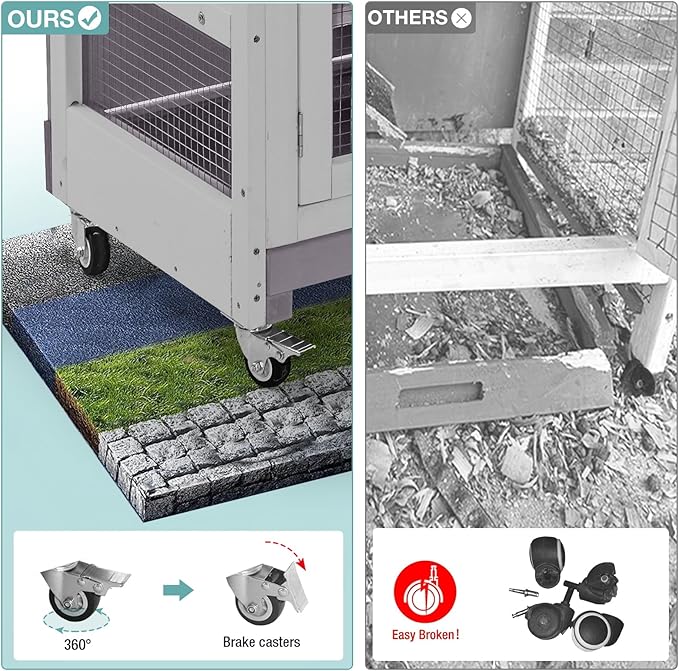 2-Tier Indoor Rabbit Hutch Bunny House Guinea Pig Cage with Sliding Plastic Trays, Wheels & Ramp, 47.2" Multi-Door Wooden Small Animal Cage for Rabbits, Bunnies, and Guinea Pigs (Grey)-PurrikoPets