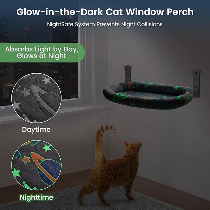 2 Pack Cat Window Perch, Glow in The Dark Foldable Cat Hammock with Cozy Pad Bed, Breathable Cordless Window Seat with Stud Metal Frame for Large Cats and Kitten (Cushion Bed, 2 Pack - L)-PurrikoPets