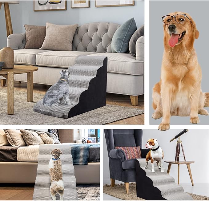 Dog Stairs&Steps for High Beds Up to 28'', 5-Step Dog Ramp for Small Medium Dogs with Washable Cover, Pet Steps for Cats to Get on Couch and Sofa, Durable Foam Ladders, 24.4" Tall, Grey-PurrikoPets