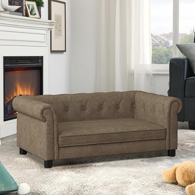 Dog Sofa Couch for Medium to Large Dogs, Memory Foam Pet Sofa Couch with Washable Fabric, Durable Elevated Dog Bed with Legs, Removable Cushion for Medium and Large Dogs, Brown-PurrikoPets