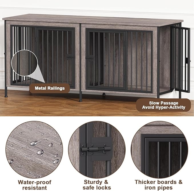 EasyCom 63" Dog Cage Furniture for 2 Pets with Divider, XL Wooden Double Dog Crate Furniture TV Stand for Mideum Breed, Durable and Sturdy-PurrikoPets