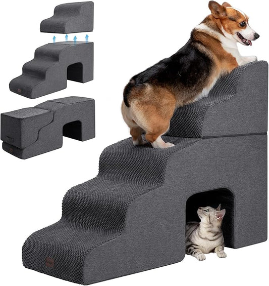 Dog Stairs for High Beds with Tunnel, 5-Step Dog Steps for Small Dogs and Cats, Foldable Pet Stairs for High Bed Climbing, Non-Slip Balanced Pet Step Indoor, Dark Grey-PurrikoPets