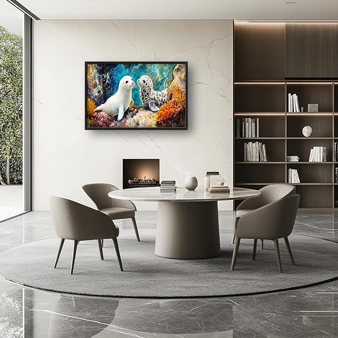 Extra Large Seal Framed Wall Art for Living Room,Oversized Underwater Animal Pictures Wall Decor,Ocean Coral Reef Canvas Print Painting Modern Artwork Bedroom Office Bathroom 36L" x 24W"-PurrikoPets