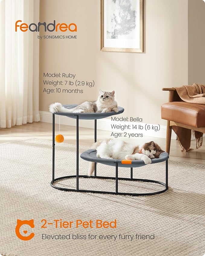Feandrea 2-Tier Elevated Cat Hammock Bed, Breathable Furniture for Multi-Cat Households Indoor and Outdoor, with Removable Washable Mesh, Steel Frame, for Summer, Dove Gray UPCB012G01-PurrikoPets