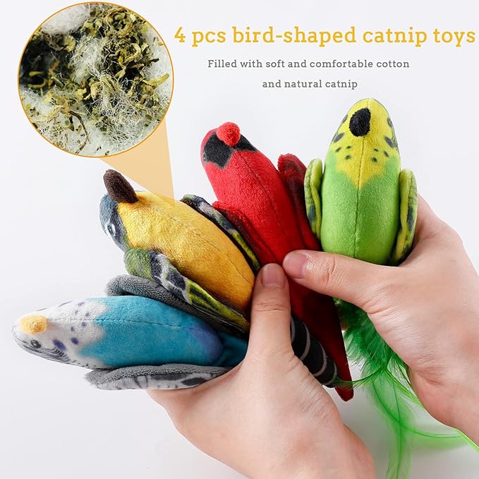 Dorakitten Cat Catnip Toys Interactive Cats 4pcs Kitten Plush Nip Chew Bird Toy with Crinkle Paper Pet Best Treats Stuffed Pillow Cute Teething Play Gifts Soft Kick Sound Supplies for Indoor Kitty-PurrikoPets