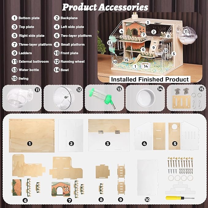 11 in 1 Wooden Hamster Cage with All Accessories, 15.8 Inch 3-Layer Dwarf Hamster Cage Acrylic,Small Animal Cages, Pastoral Style Mouse Cage for Pet Mice, Hedgehog, with Stairs, Fences and Swing-PurrikoPets