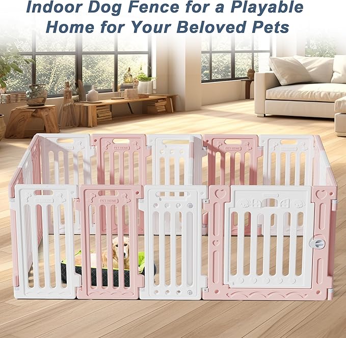 2 Room Dog Playpen with Door,DIY Shape Combination Puppy Pen,16-Panel+2 Link Piece+Large Door+Small Door,25.5" H Dog Fence,Non-Slip&Secure Pet Gate,Easy to Assemble,Pink + White-PurrikoPets