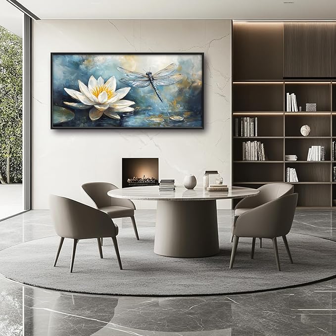 Extra Large Lotus Dragonfly Framed Wall Art for Living Room,Abstract Blue Lotus Flower Lake Pictures Wall Decor,Nature Canvas Print Painting Modern Artwork Bedroom Office Bathroom 60L" x 30W"-PurrikoPets