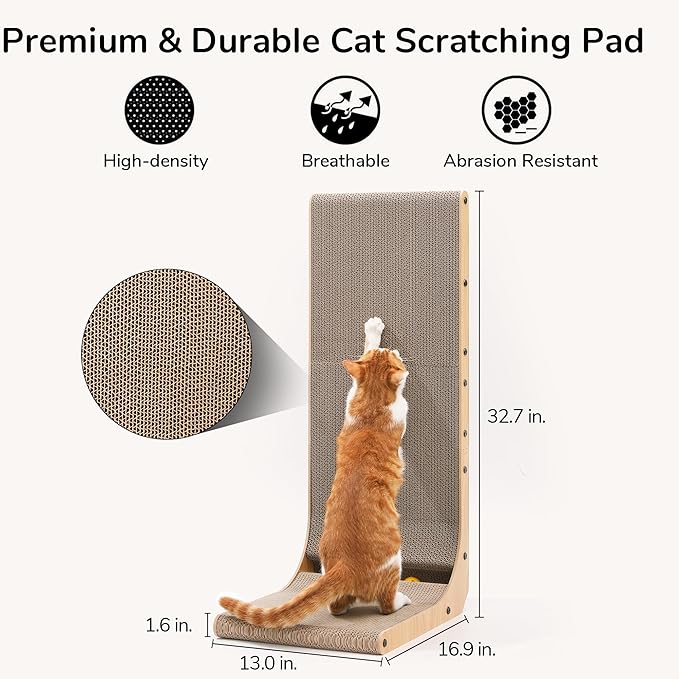FUKUMARU Cat Scratcher, 32.7 Inch L Shape Cat Scratch Pad Wall Mounted, Cat Scratching Cardboard with Ball Toy for Indoor Cats, Extra Large-PurrikoPets