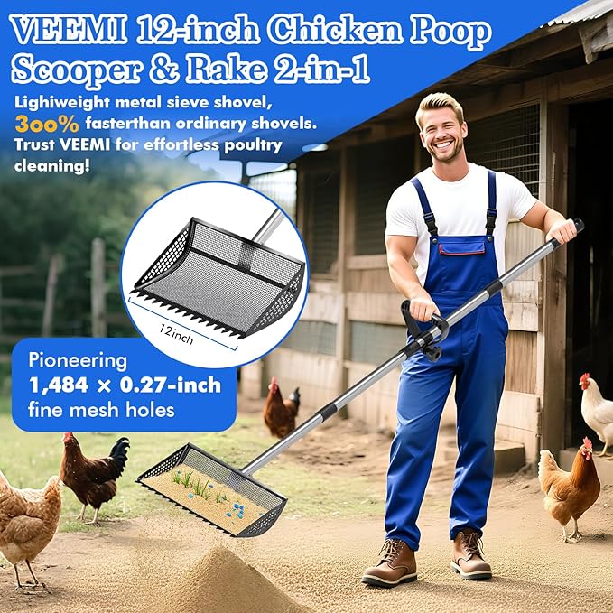 12 Inch Chicken Poop Scooper & Rake 2-in-1, Large Metal Shovel Head, Rubber Handle Stainless Steel Chicken Litter Scoop for Chicken Coops, Litter Screening Scoop (35 to 65in) US Patent Pending (Black)-PurrikoPets