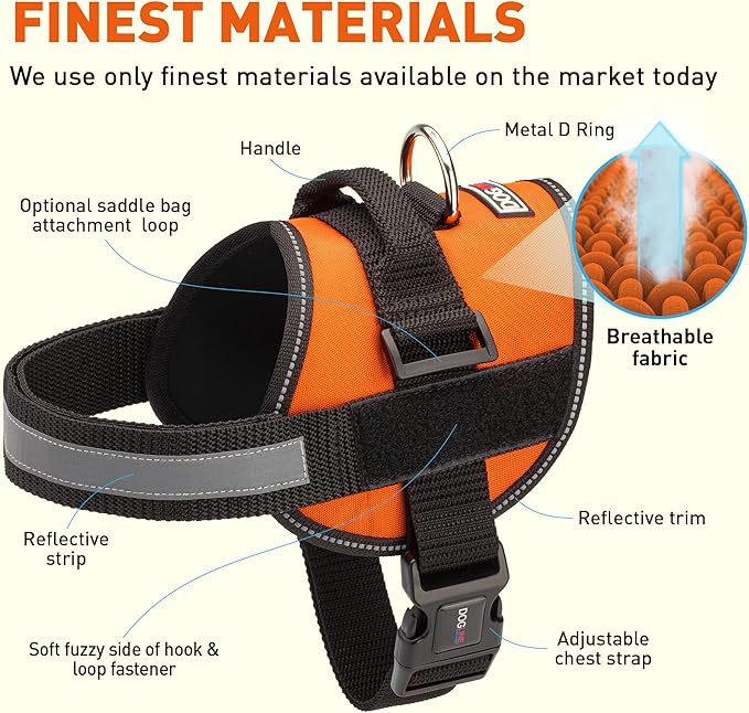 Dogline Dog Harness, Reflective No-Pull Adjustable Vest with Handle for Walking, Training, Breathable, No - Choke Harness for Small, Medium or Large Dogs Room for Patches Girth 15 to 18 in Orange-PurrikoPets