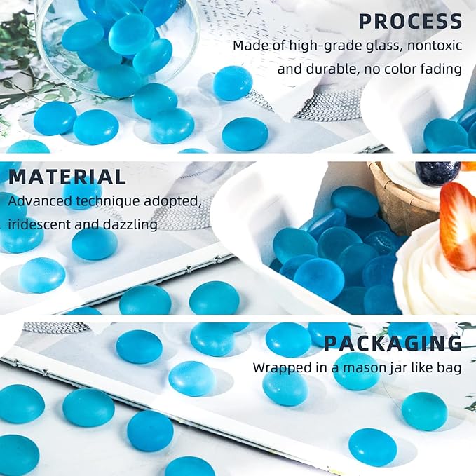 FUTUREPLUS 1LB Frosted Flat Marbles, Blue Glass Pebbles Beads Vase Fillers Decorative Fish Tank Aquarium Rocks for Centerpieces Table Decor-PurrikoPets