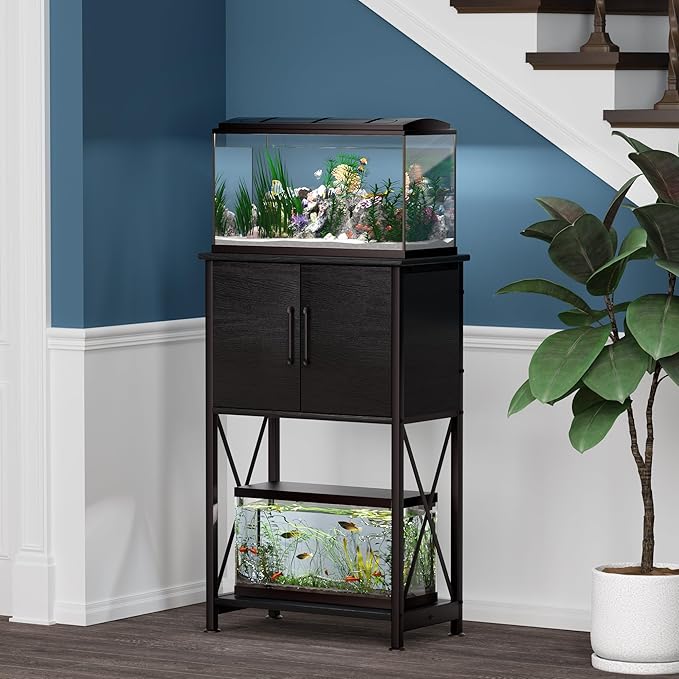 5-10 Gallon Fish Tank Stand, Metal Double Aquarium Stand with Cabinet for Fish Tank Accessories Storage, Heavy Duty 20.5" L* 11.02" W Tabletop, 500LBS Capacity Black PG06YGB-PurrikoPets